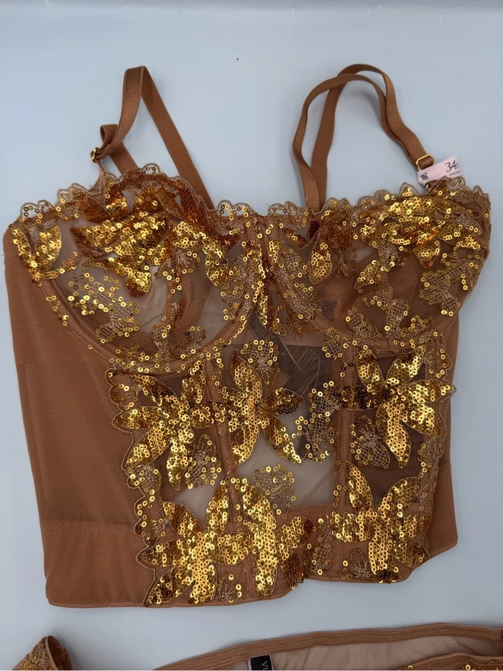 NWT Victoria’s Secret Very Sexy Gold Sequin Embroidered Lingerie Set 34D/M
